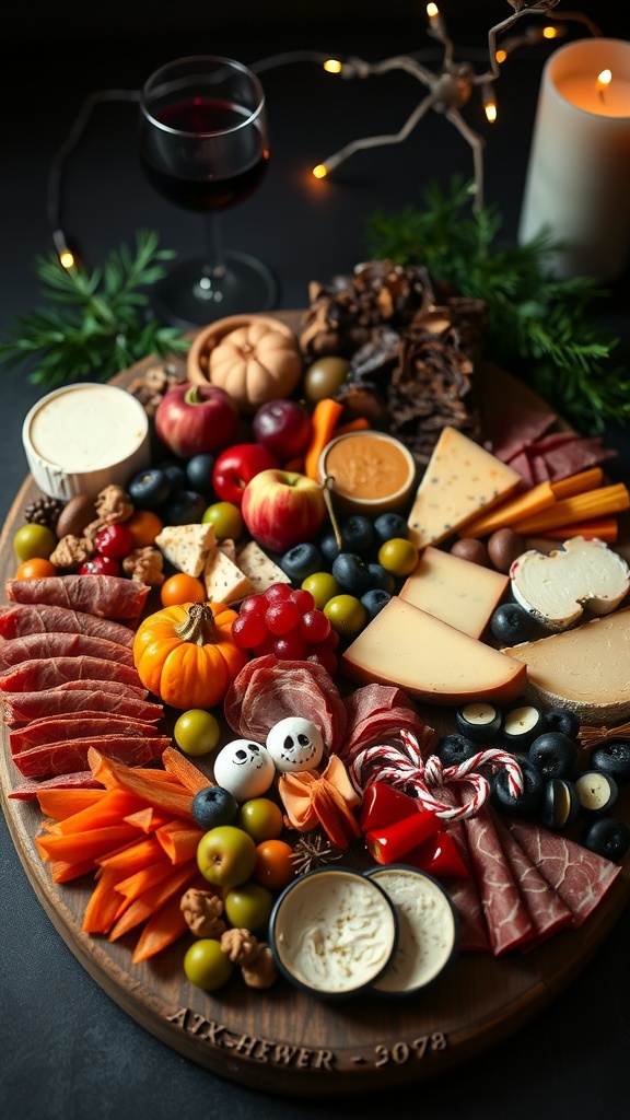 Nightmare Before Christmas Charcuterie Board A themed charcuterie board with cheeses, meats, fruits, and decorations inspired by